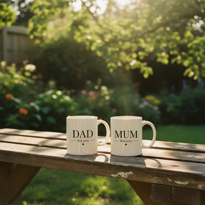 DAD and MUM mugs on garden bench - sunny grainy