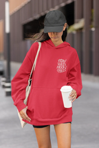 Red minimal graphic hoodie with hood and front pocket, “Stay Wild Moon Child” chest print