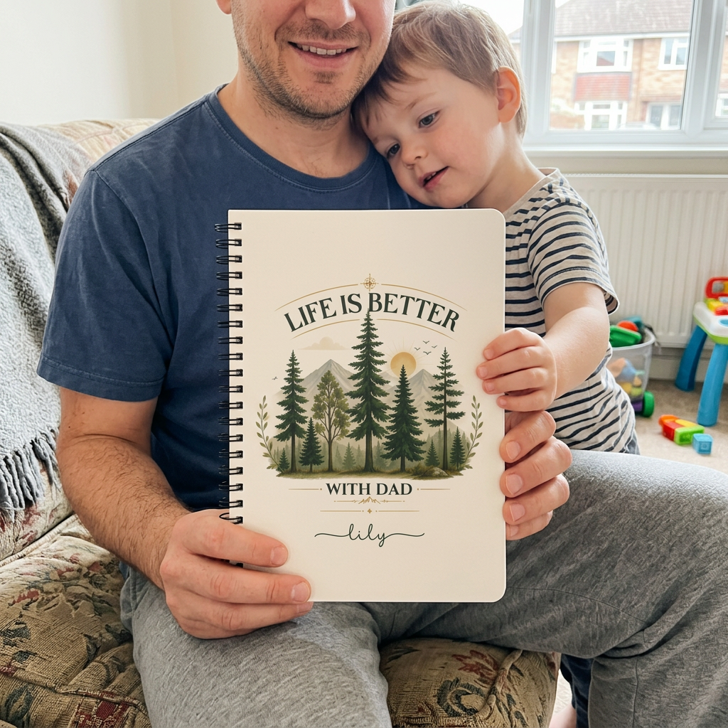 Dad holding a notebook personalised with Lily beside his child