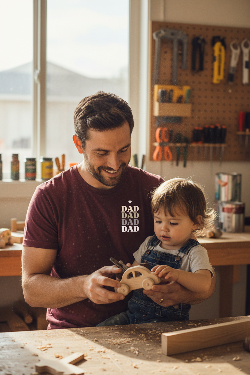 Maroon t-shirt with DAD text graphic and heart