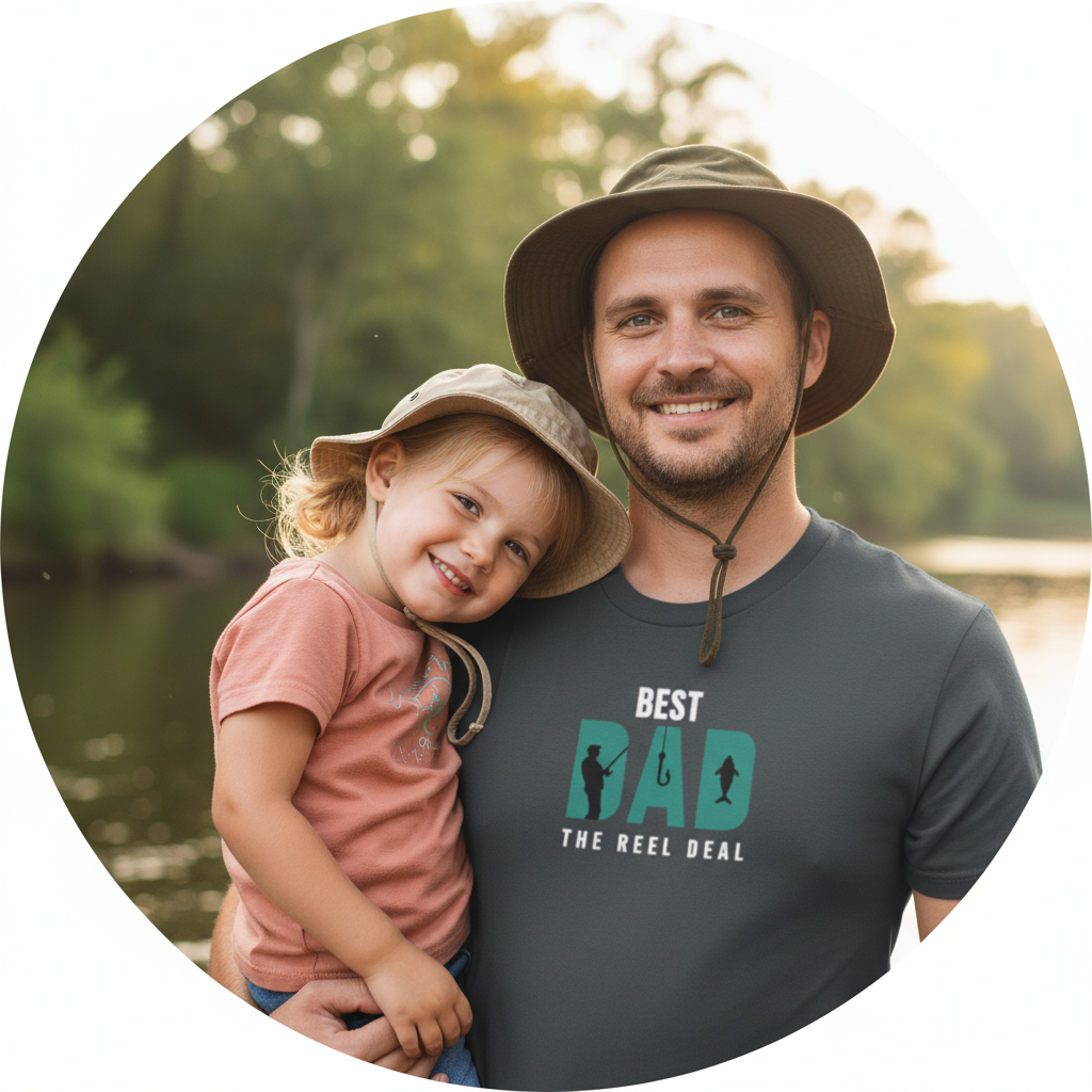 Charcoal t-shirt worn by man with small green “BEST DAD” paw/reel graphic, crew neck