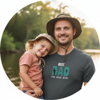 Charcoal t-shirt worn by man with small green “BEST DAD” paw/reel graphic, crew neck
