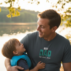 Black T-shirt with “Best Dad” retro typography and icons graphic on chest
