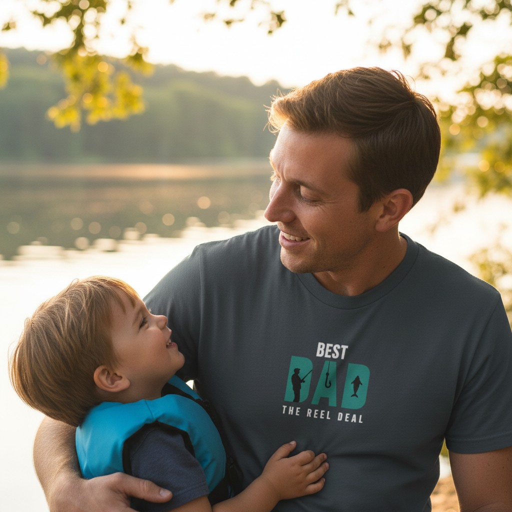 Black T-shirt with “Best Dad” retro typography and icons graphic on chest