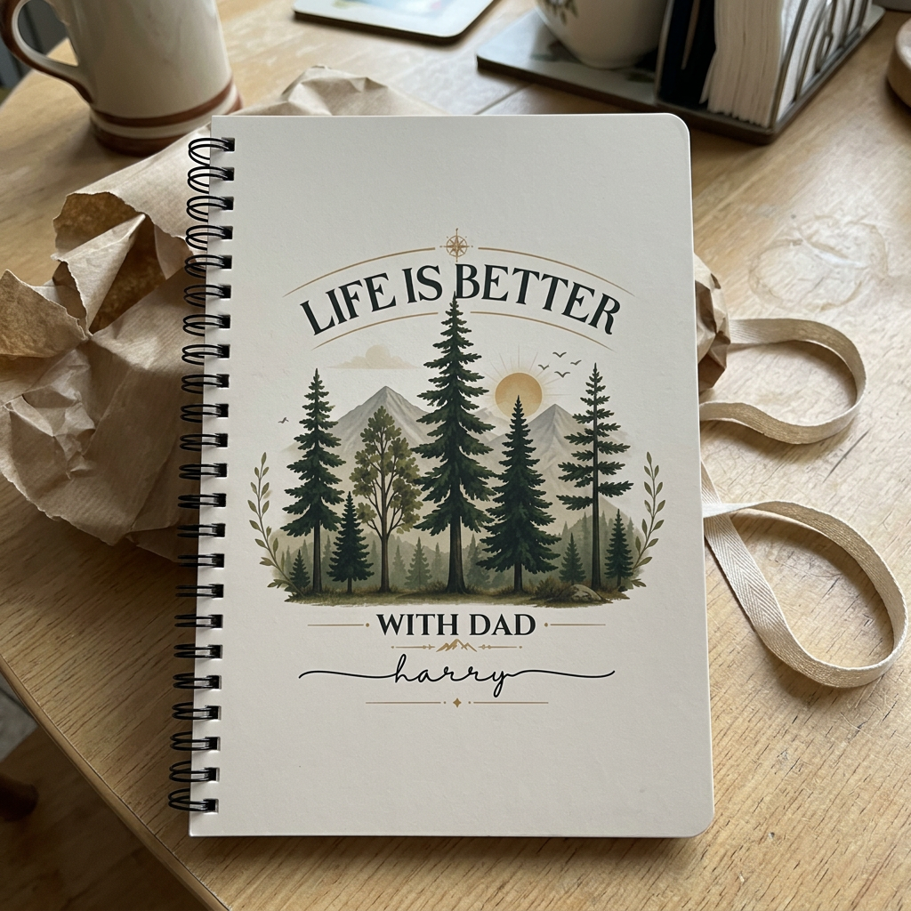 Dad notebook personalised with Harry beside gift wrapping