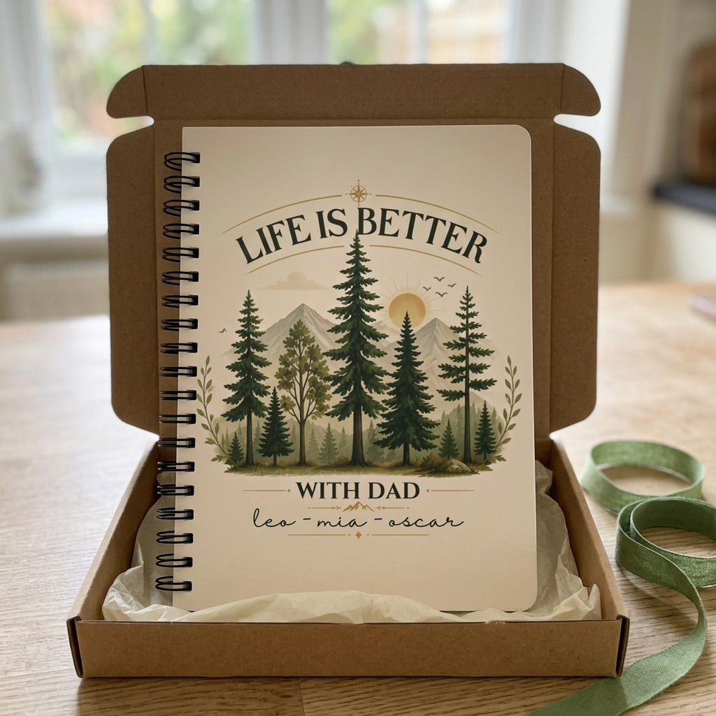 Dad notebook personalised with Leo, Mia and Oscar in gift packaging