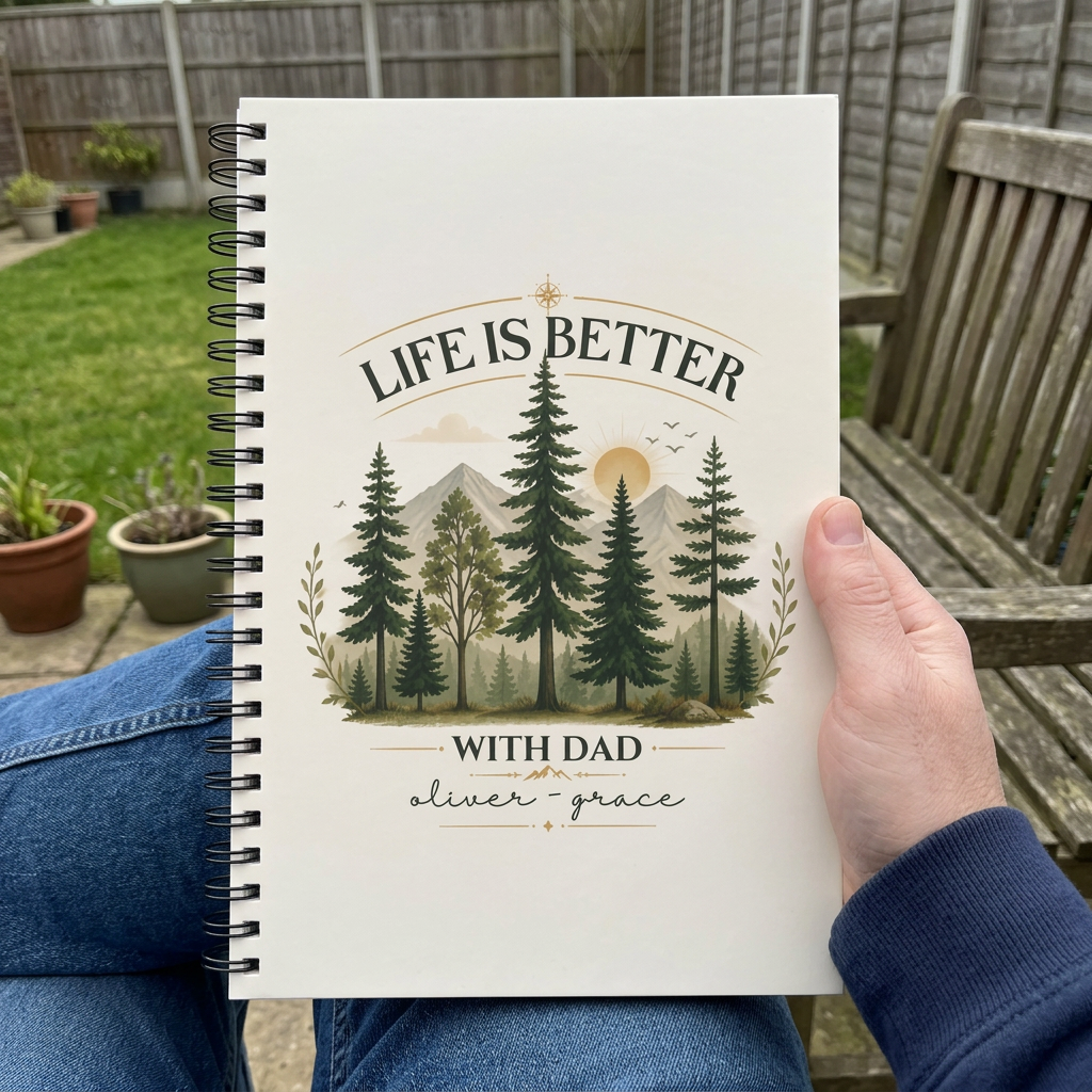 Dad notebook personalised with Oliver and Grace held in the garden