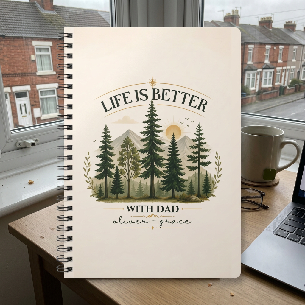 Dad notebook personalised with Oliver and Grace on a desk