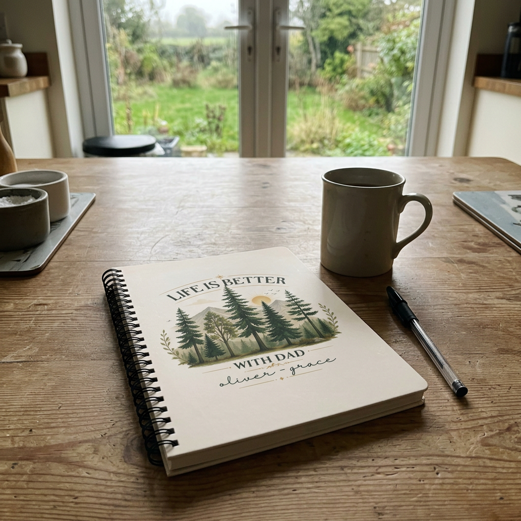 Dad notebook personalised with Oliver and Grace on a kitchen table