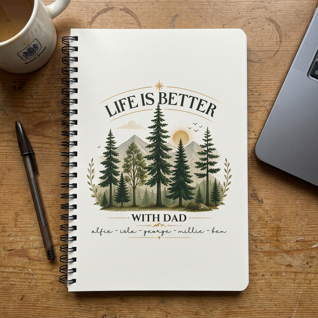 Dad notebook with five names on a home desk