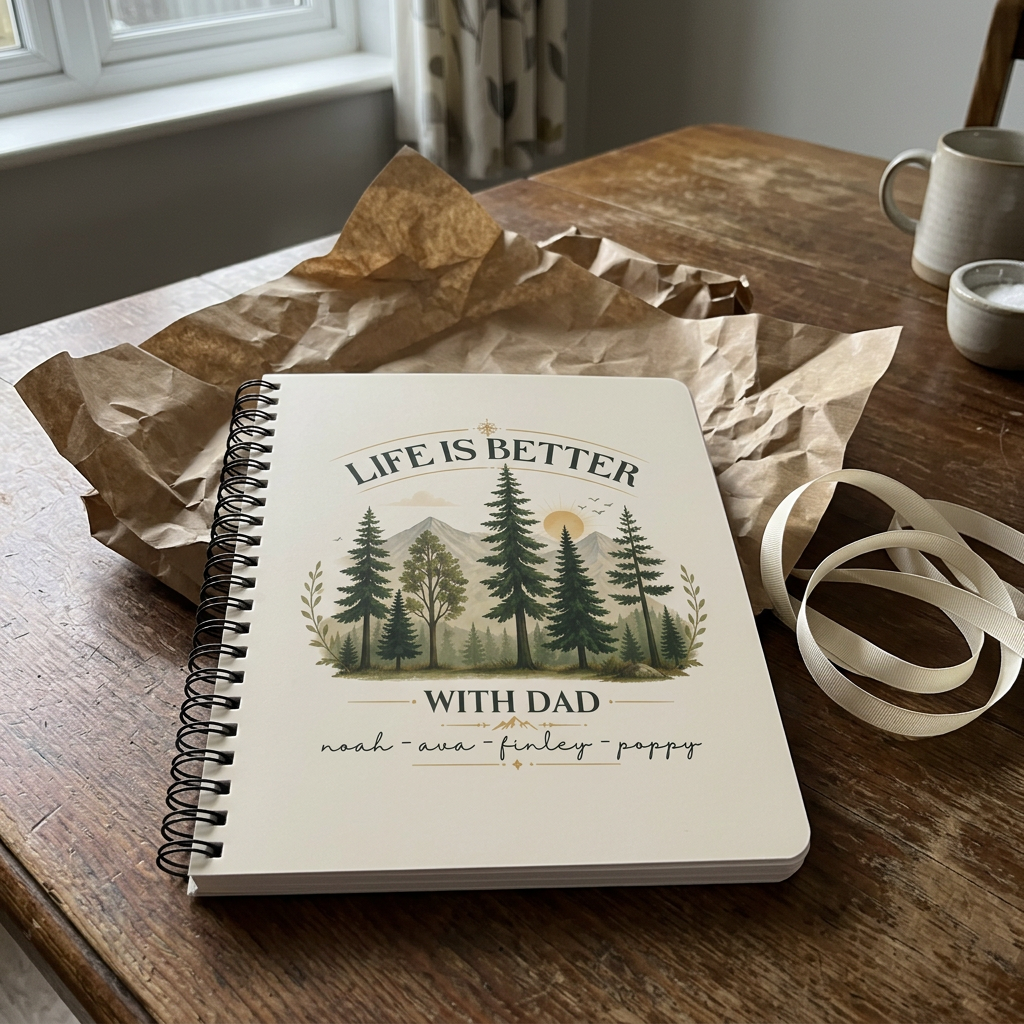 Dad notebook with four names beside opened gift wrapping