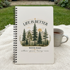Dad notebook with four names on a garden blanket