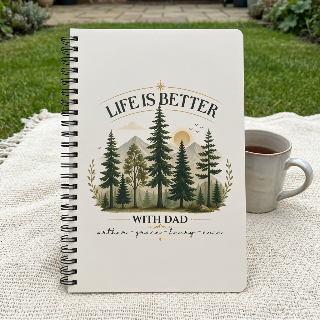 Dad notebook with four names on a garden blanket