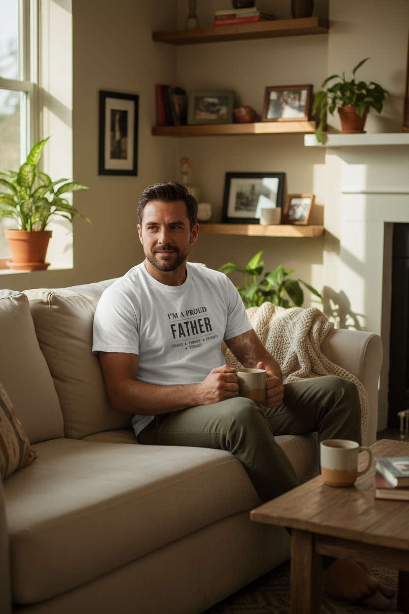 Light gray T-shirt with small centered "I'm a proud Father" chest print