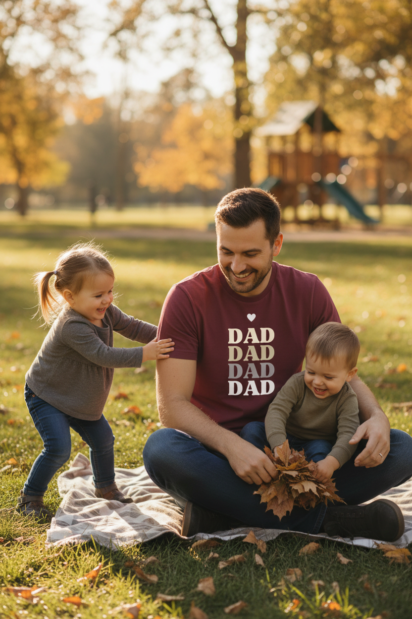 Maroon t-shirt with stacked DAD text graphic