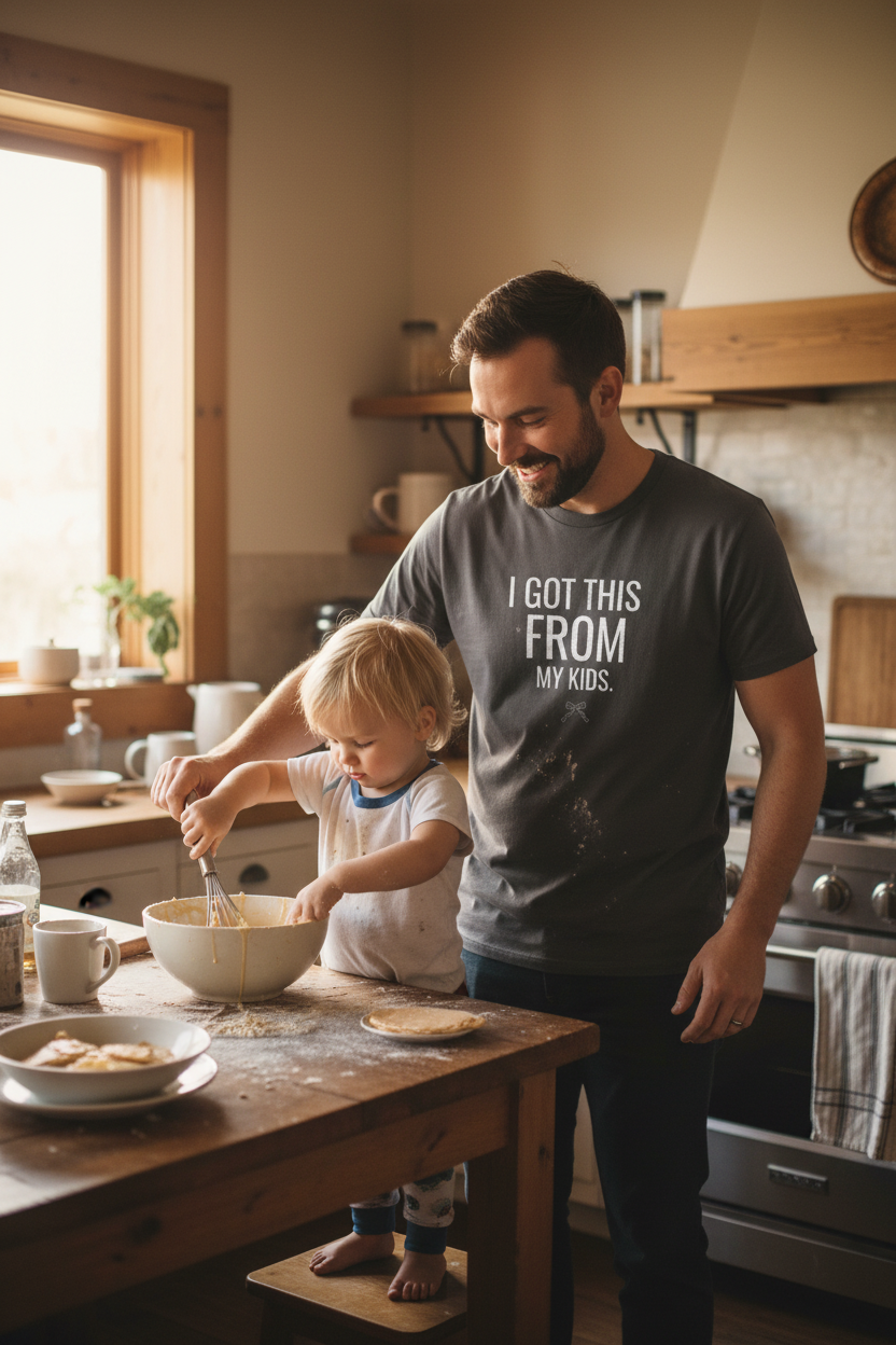 Grey graphic T-shirt with 'I GOT THIS FROM MY KIDS' text on the front