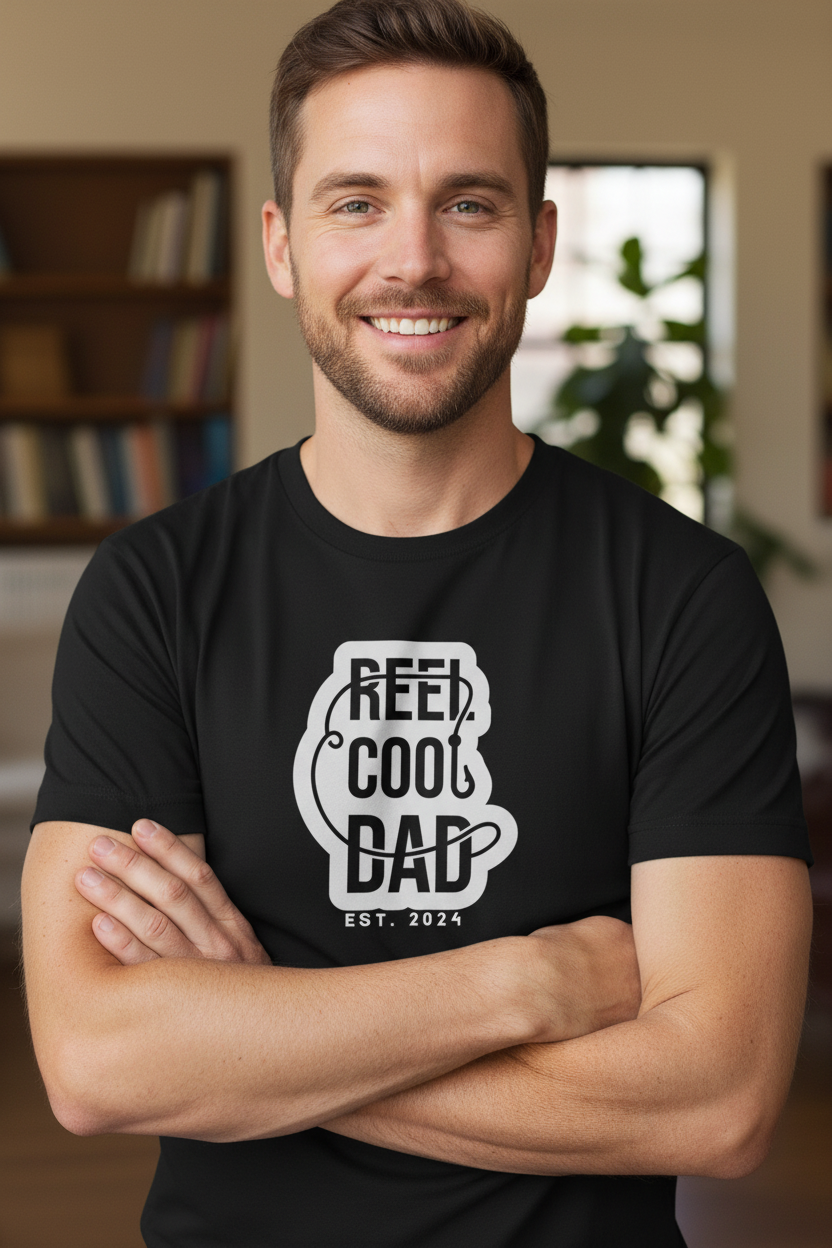 Black crewneck graphic T-shirt with Reel Cool Dad logo and EST. 2024