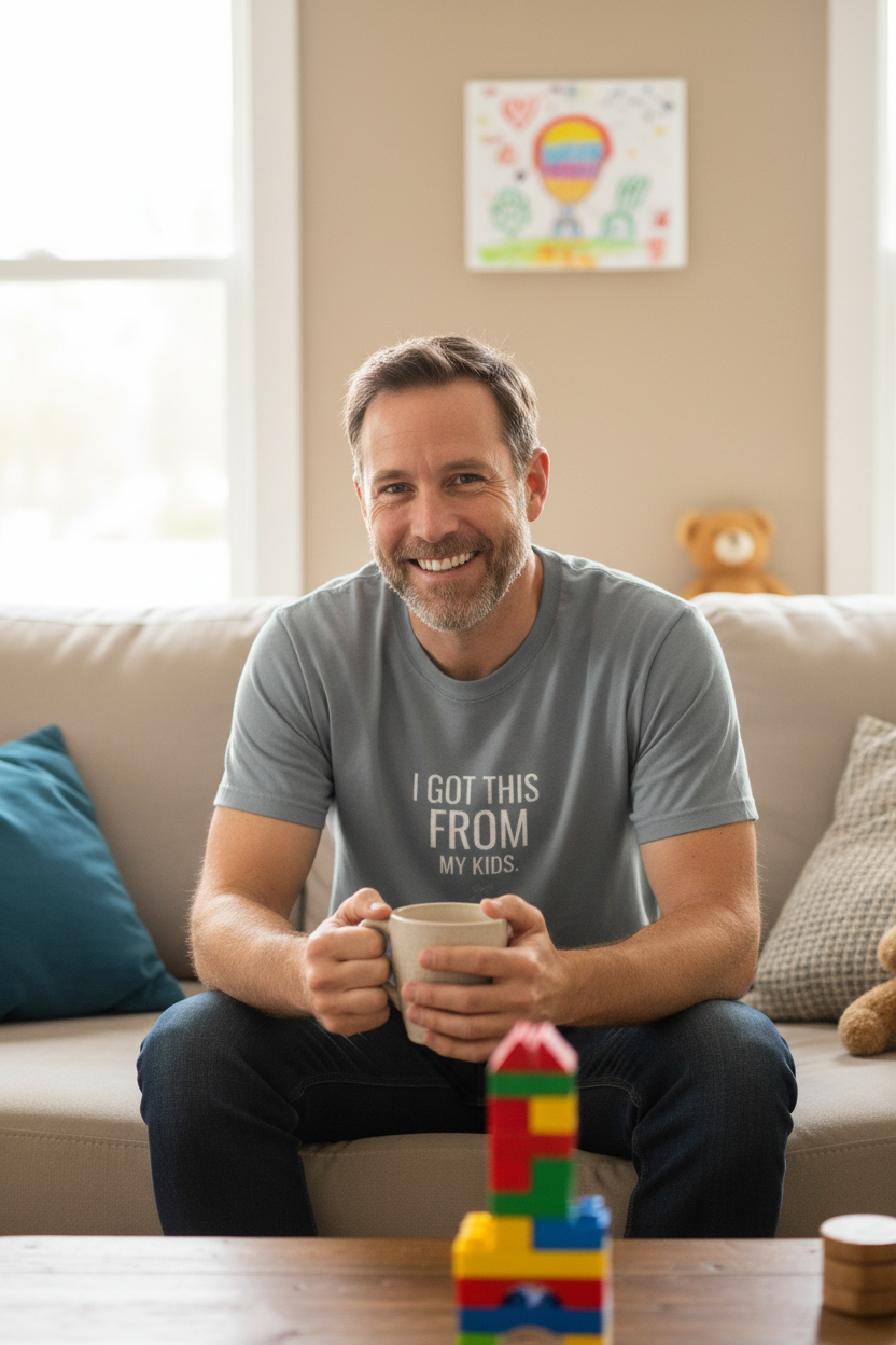 Dad wearing the tee at home