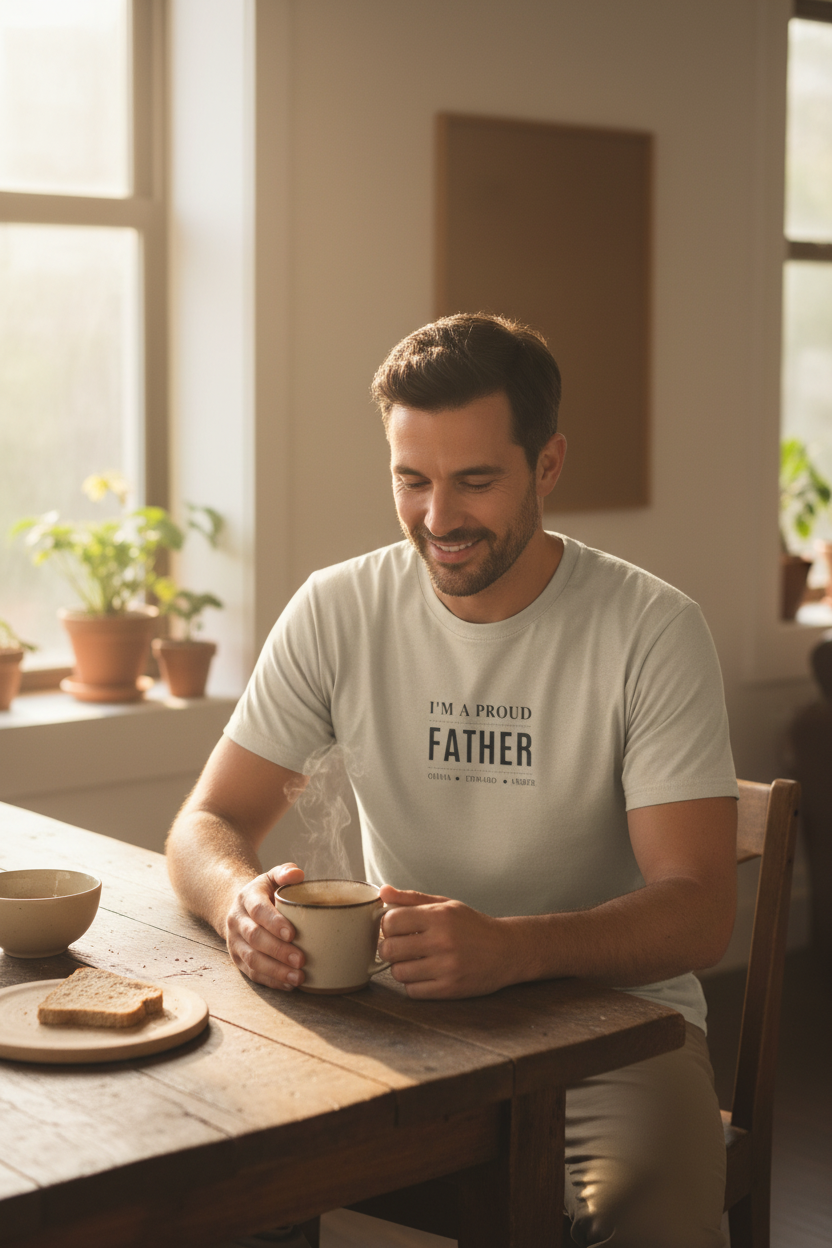 Light gray crewneck T-shirt with small centered "I'm a proud Father" chest print