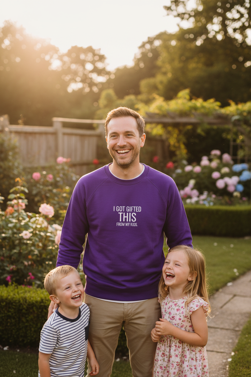 Man wearing purple crewneck sweatshirt with 'I GOT GIFTED THIS' and 'FROM MY KIDS' print