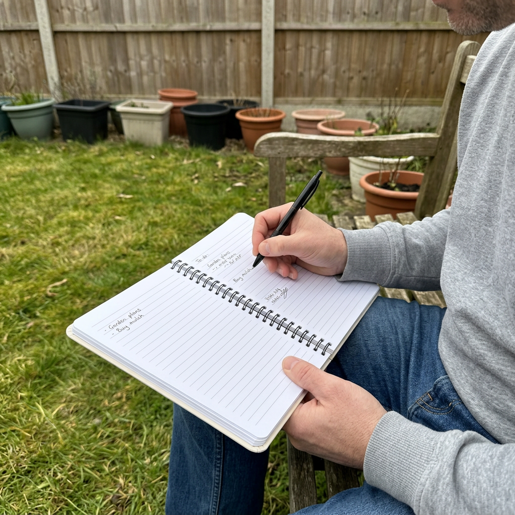 Dad writing in the lined notebook on a garden bench