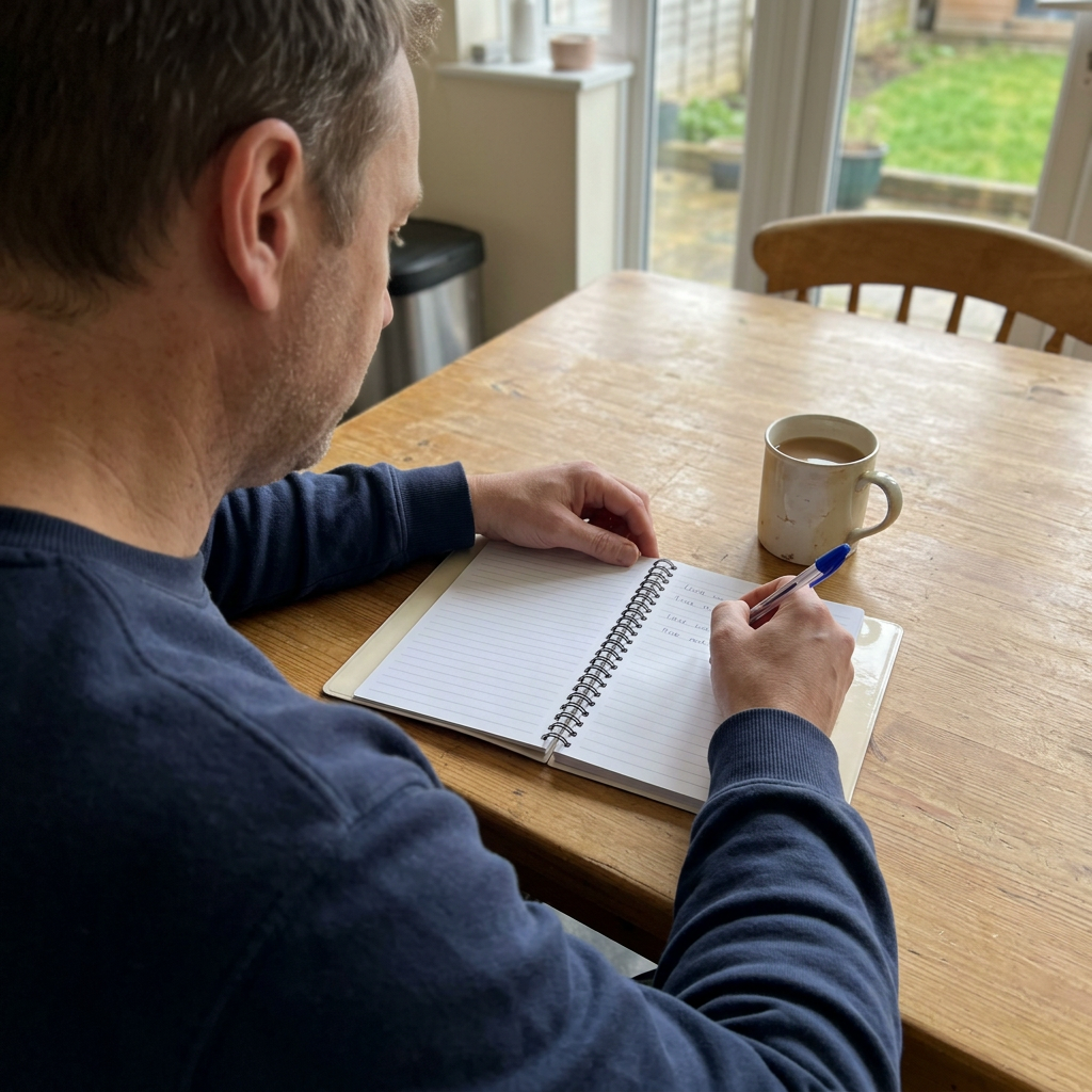 Dad writing in the open lined notebook at a British kitchen table