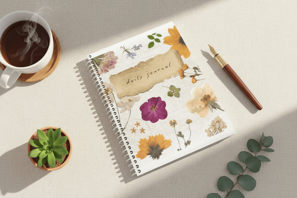 A5 wirebound daily journal notebook with floral cover, lined pages, softcover.