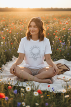 White graphic T-shirt with sun-and-moon emblem and 'wild soul Daisy 2026'