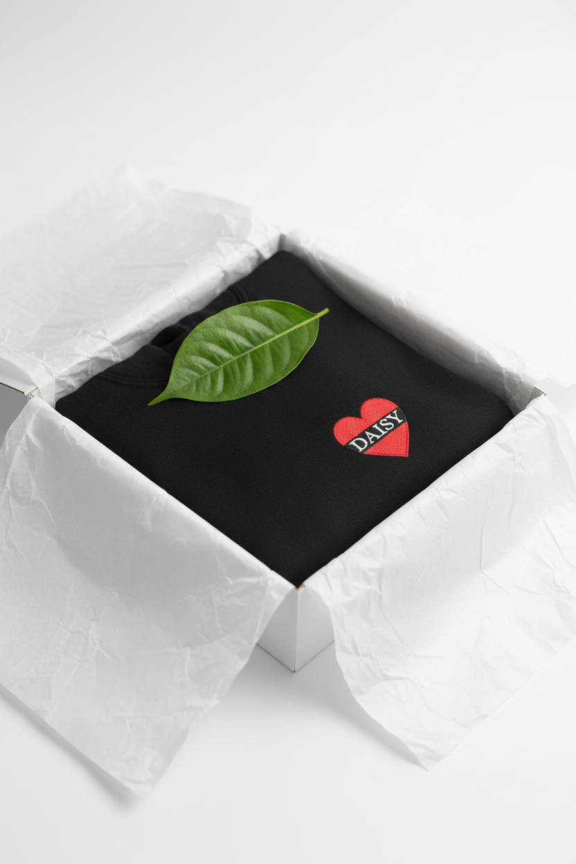 Black hoodie with red heart patch and green leaf graphic on the chest