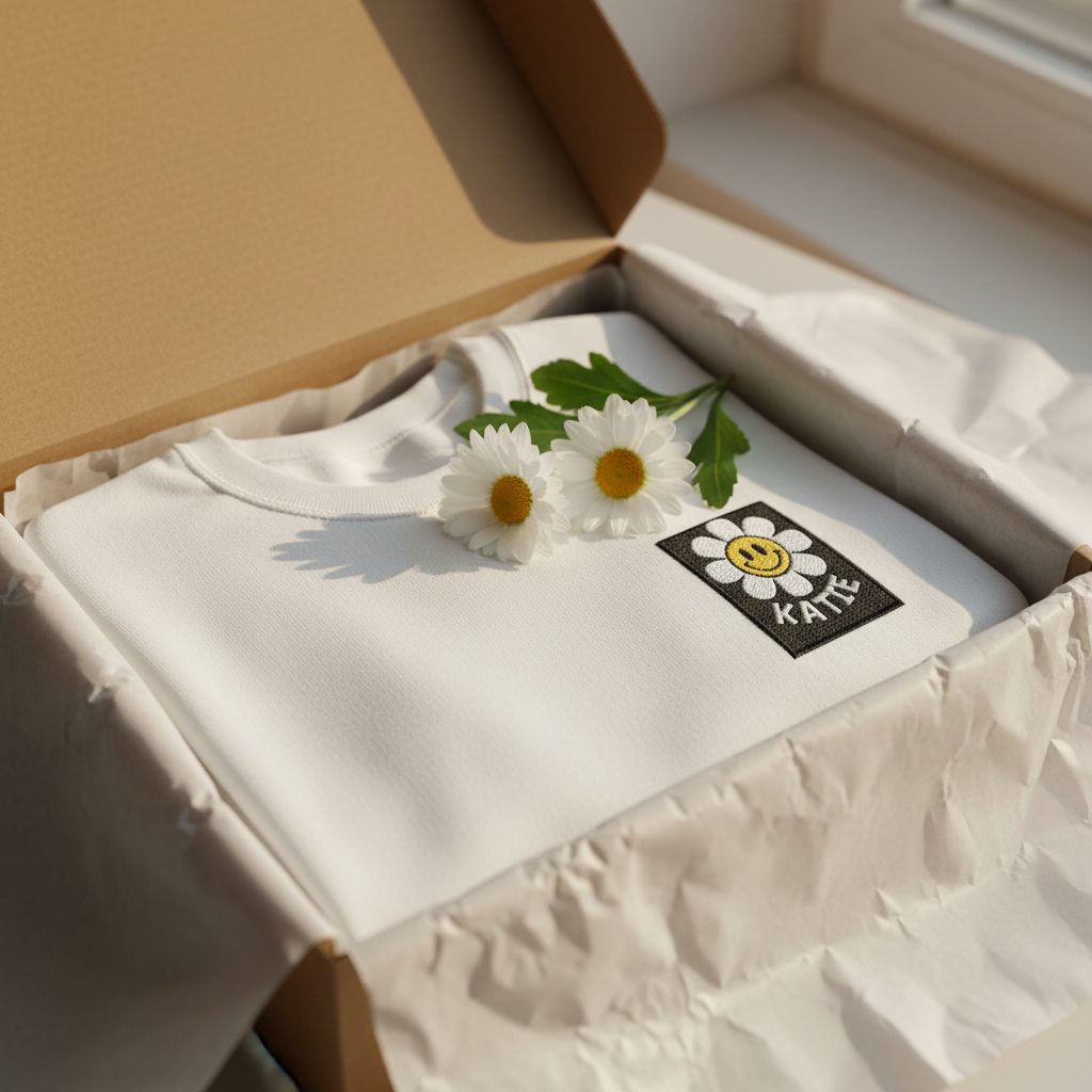 White sweatshirt with embroidered flower smile patch reading KATIE, laid in a gift box