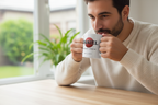 Personalised cricket mug with DANIEL name and red cricket-ball logo, held by a person