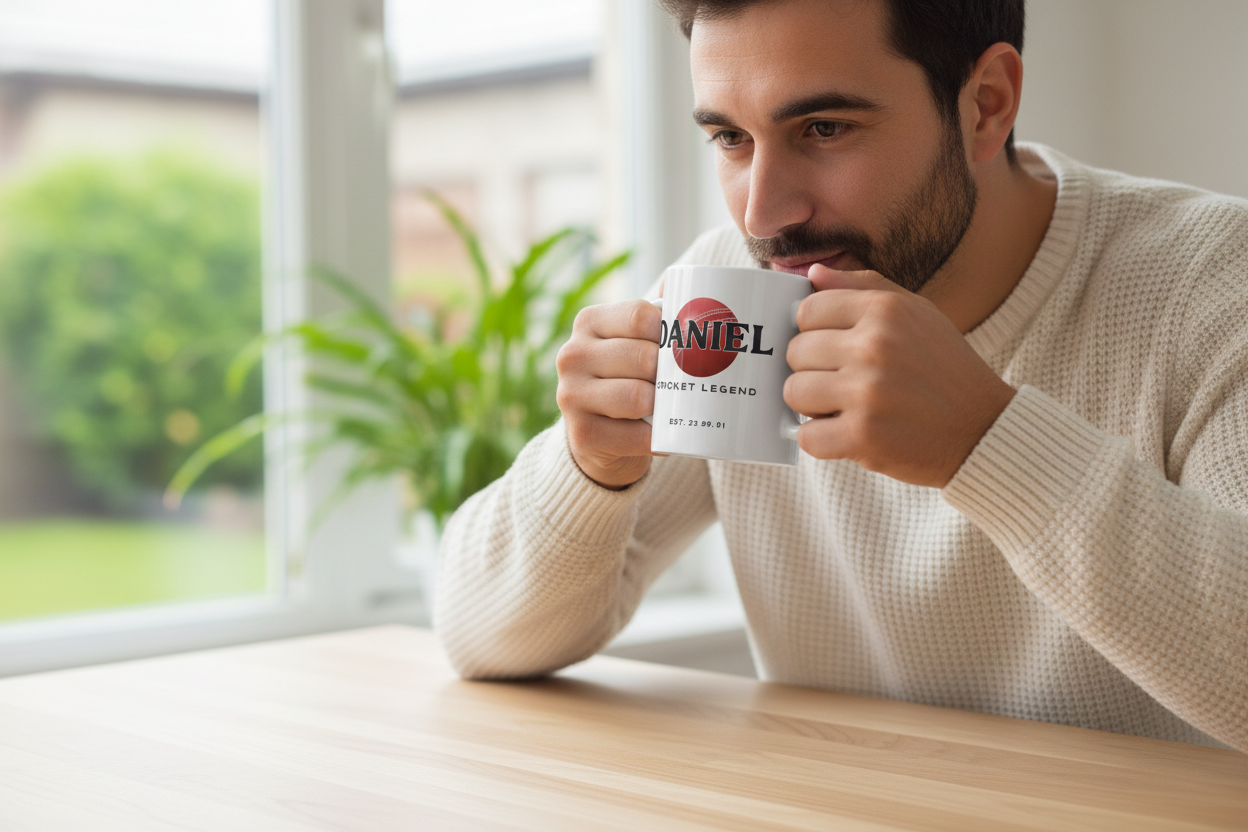 Personalised cricket mug with DANIEL name and red cricket-ball logo, held by a person
