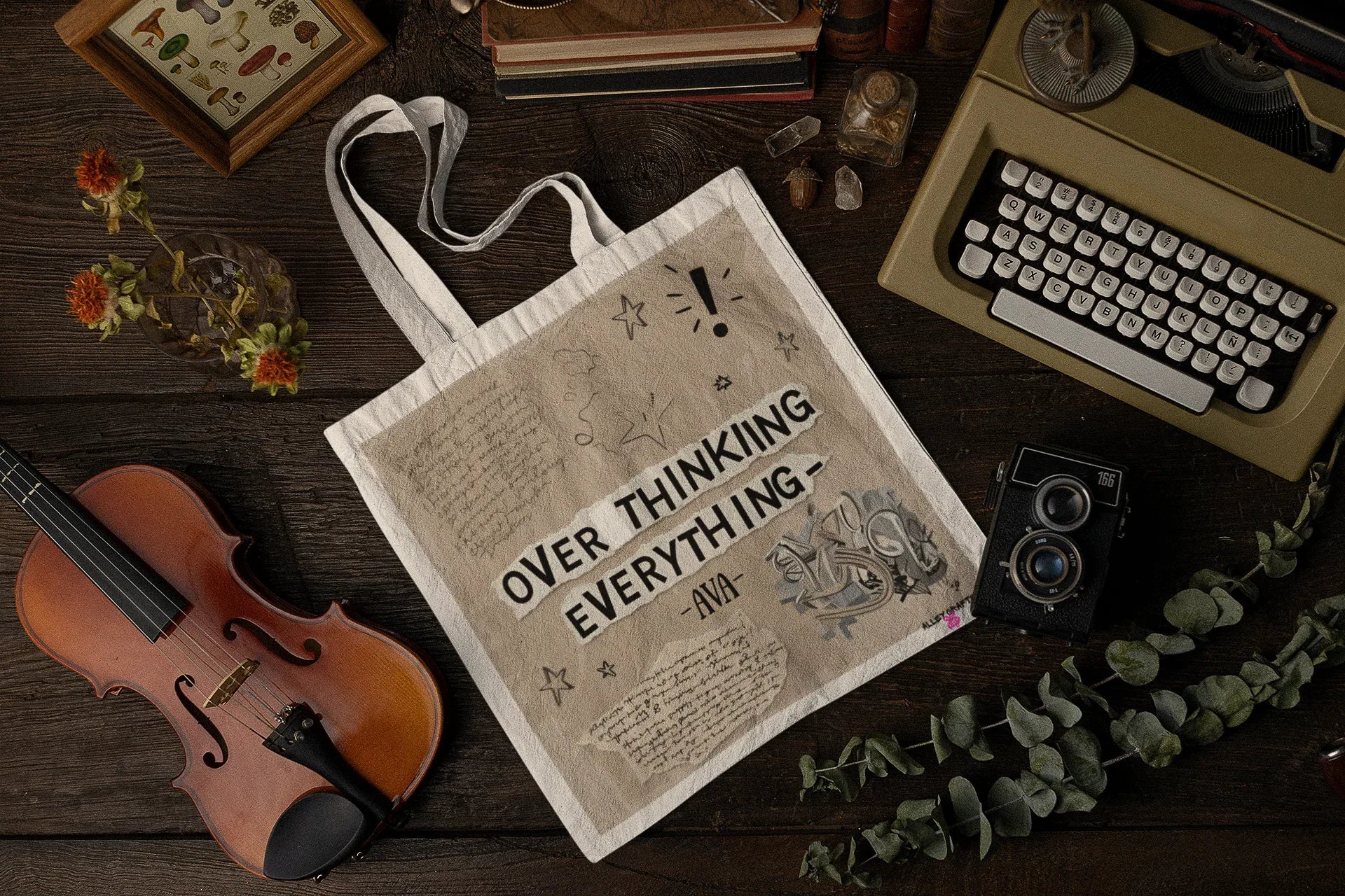 Canvas tote bag with “Overthinking Everything” graphic print, shown flat
