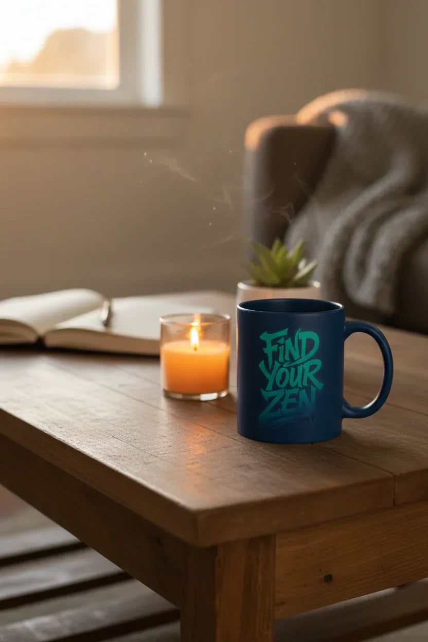 Navy mug with "Find Your Zen" lettering, steaming on wooden table near candle