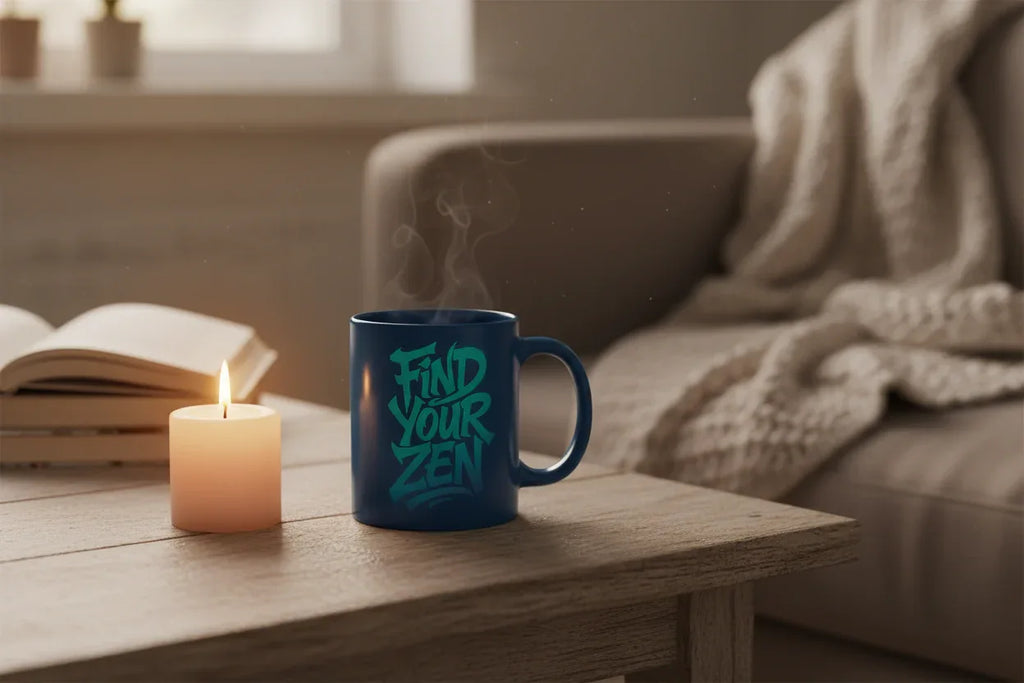 Navy mug with "Find Your Zen" lettering, steaming beside a candle