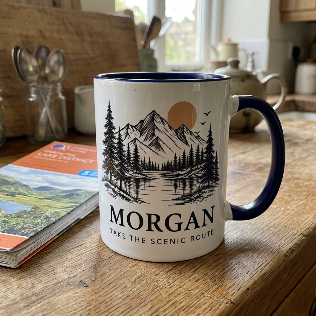 Dark blue mountain mug personalised for Morgan