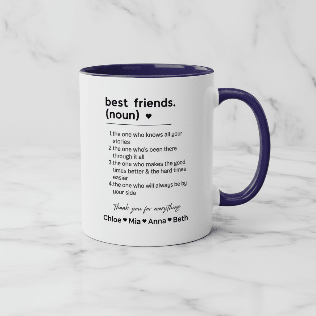 Personalised friendship mug, white ceramic with dark blue handle, black text and names