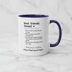 Personalised friendship mug, white ceramic with dark blue handle, black text and names