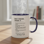 Personalised friendship mug, white with dark blue handle and rim, black text, steam rising