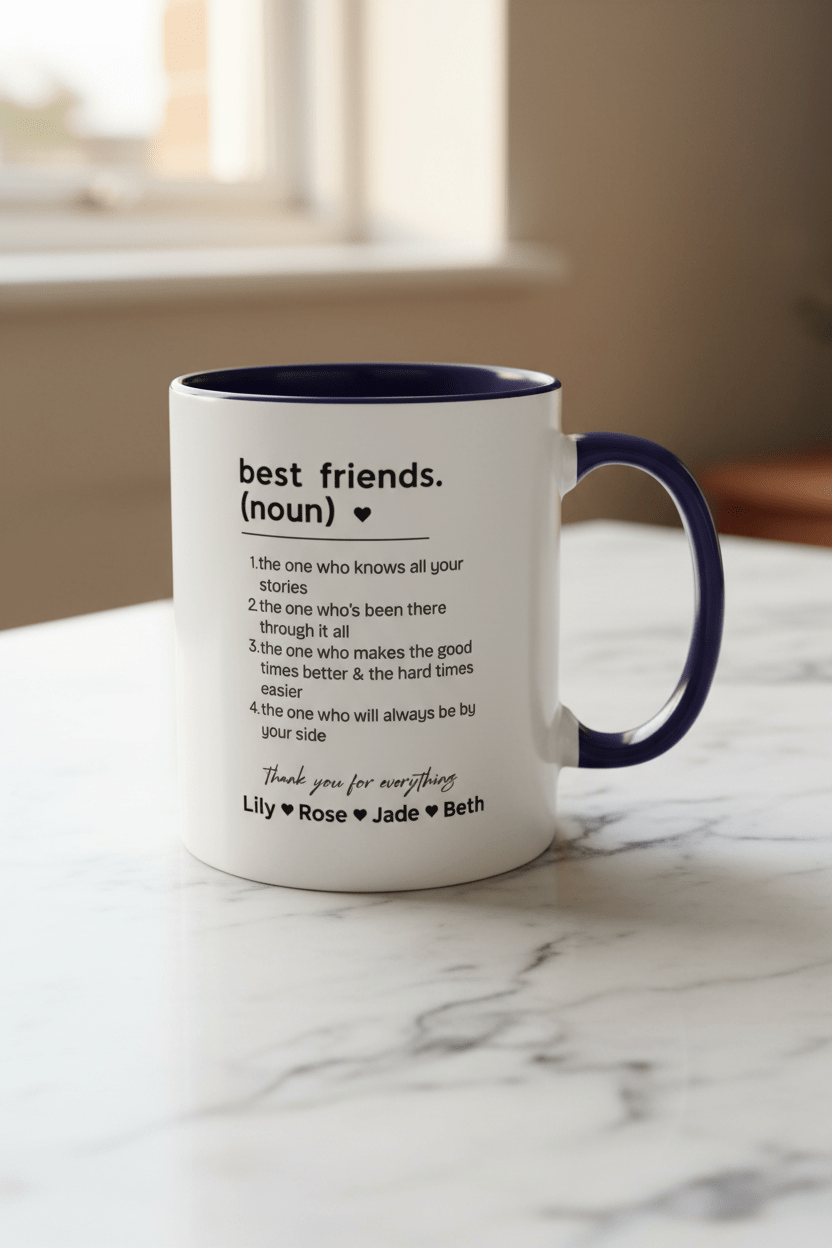 Personalised friendship mug, white with dark blue handle and rim, black text
