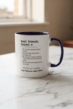 Personalised friendship mug, white with dark blue handle and rim, black text