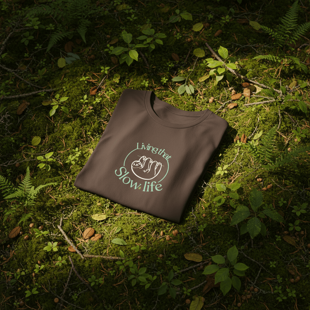 Brown graphic T-shirt with “Slow life” text and cat-and-dog line art