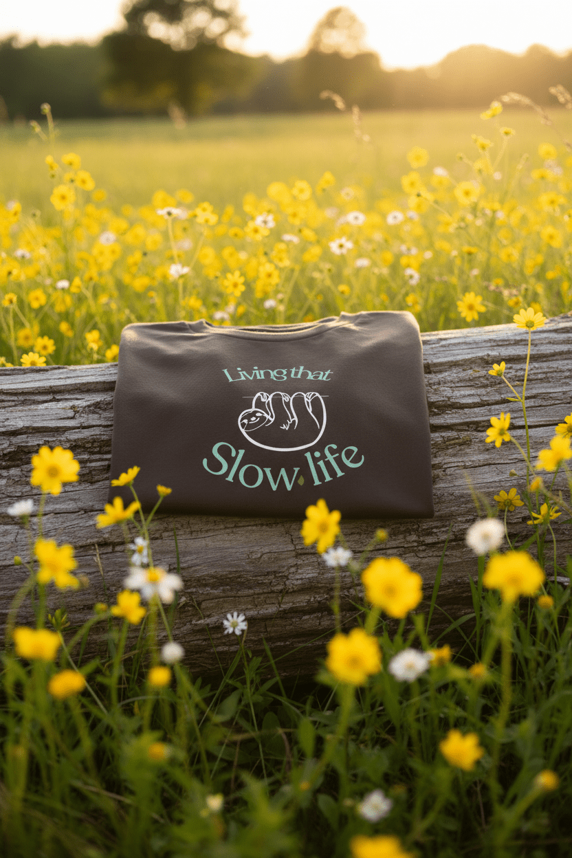 Gray T-shirt with dog icon and “Slow life” text