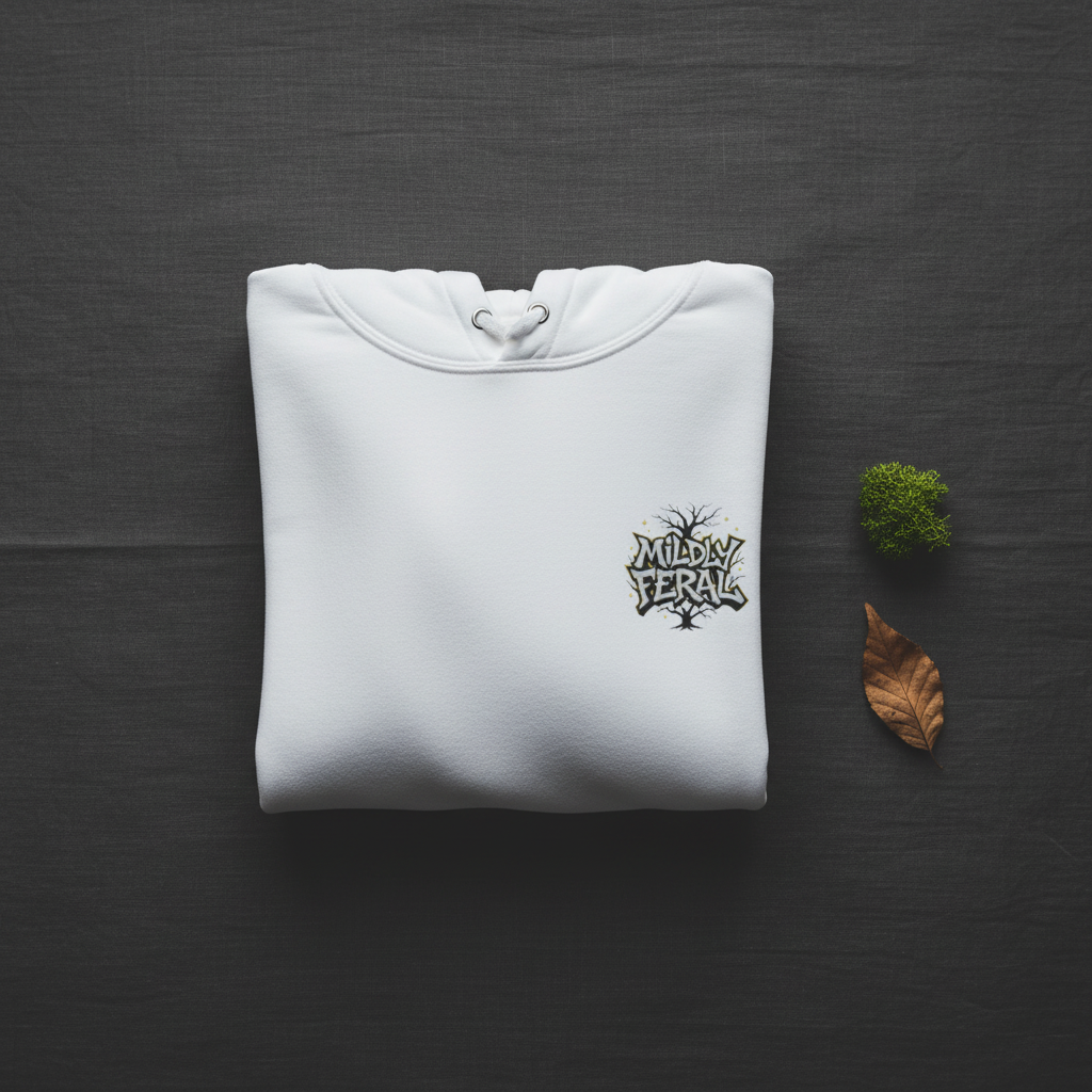 White graphic hoodie folded flat, hood drawstrings and small chest logo