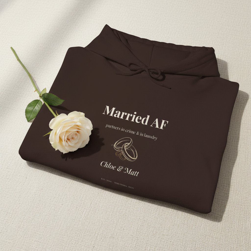 Dark brown couples hoodie with “Married AF” text and ring graphic on the front