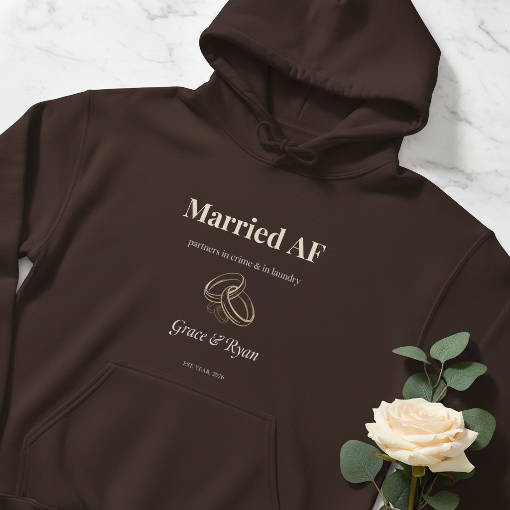 Dark brown couples hoodie close-up with “Married AF” chest print and front pocket