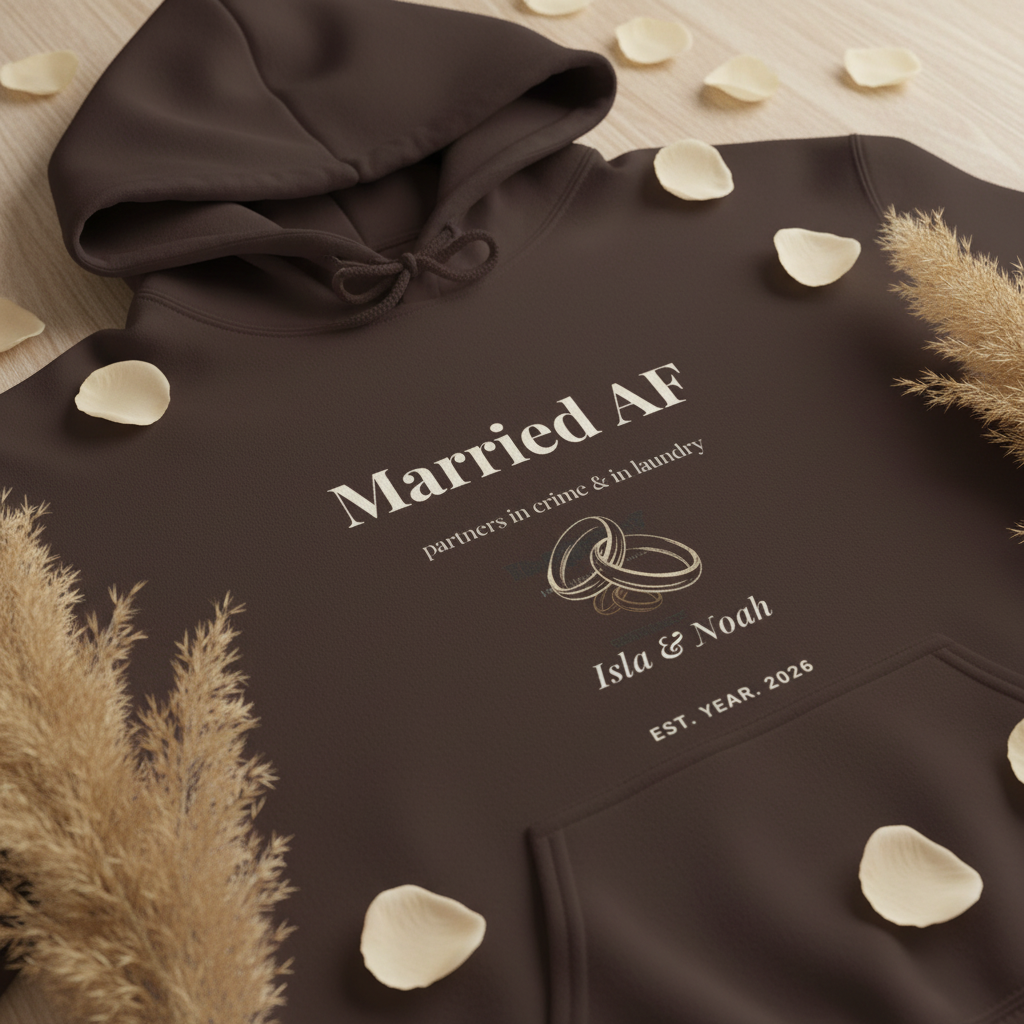 Dark brown couples hoodie front with “Married AF” print, ring graphic, and names