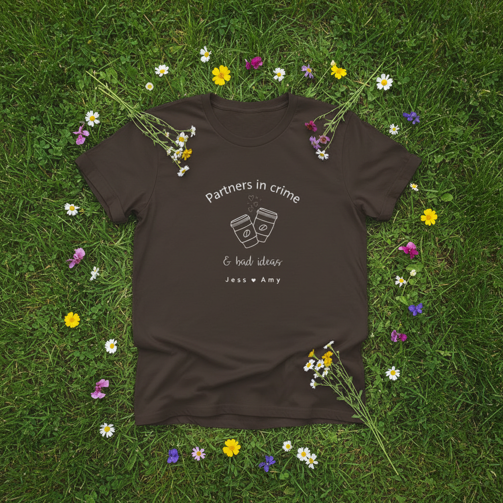 Dark chocolate flat lay — "Jess ♥ Amy"