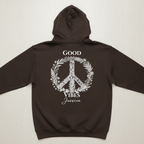 Dark chocolate unisex hoodie with back graphic: floral peace sign and "GOOD VIBES"