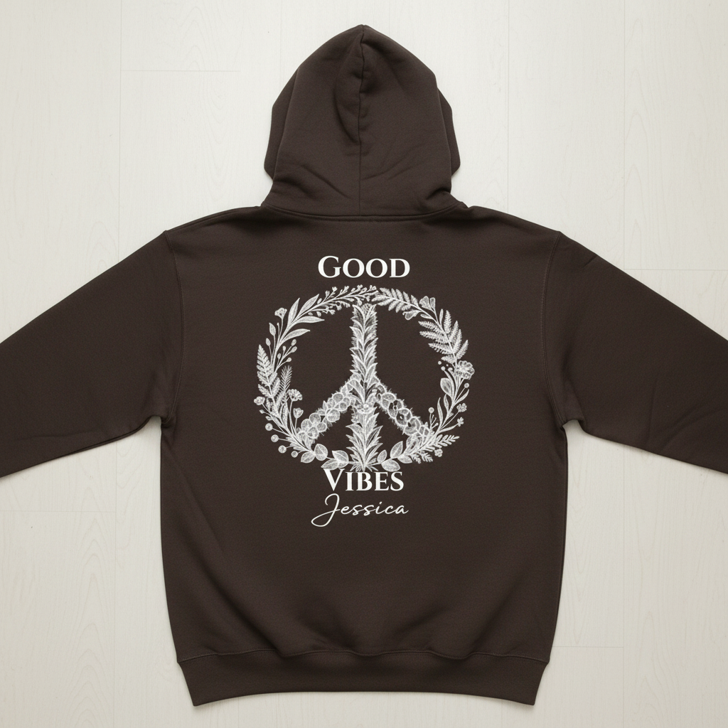 Dark chocolate unisex hoodie with back graphic: floral peace sign and "GOOD VIBES"